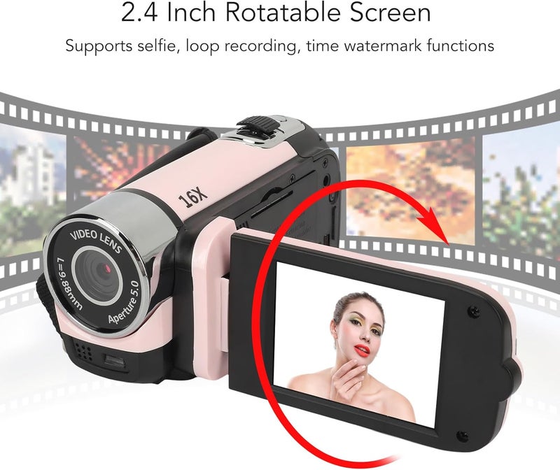 Bewinner D90 Digital Video Camera - 1080P 16MP Handheld Video Camcorder 16x Digital Zoom Video Camera with 2.7in TFT Rotatable Screen, HD Video Recorder Camera with Fill Light (Rose) - Image 2